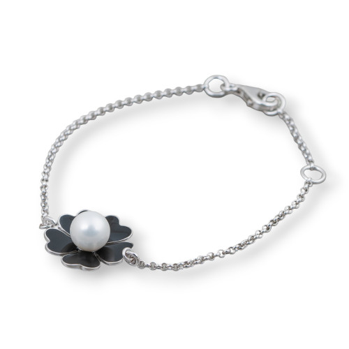 925 Silver Bracelet Design Italy With Central Enamelled Flower Length 19cm-16.5cm