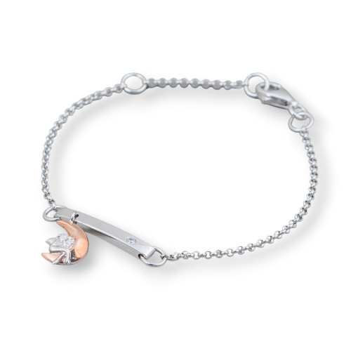 Pulsera De Plata 925 Diseño Italia Con Luna Central Largo 19cm-16.5cm Chapada En Rodio