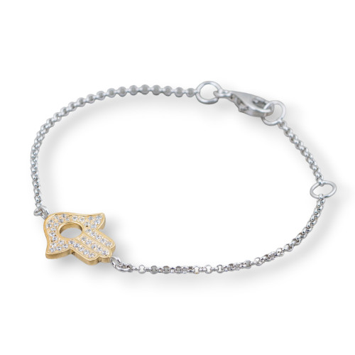 925 Silver Bracelet Design Italy With Central Golden Hand Of Fatima Length 19cm-16.5cm Rhodium Plated