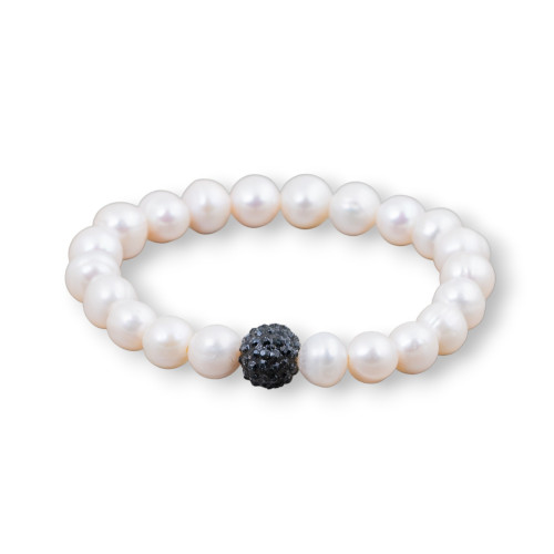 Elastic Bracelet With River Pearl 09-9.5mm and Rhinestone Ball