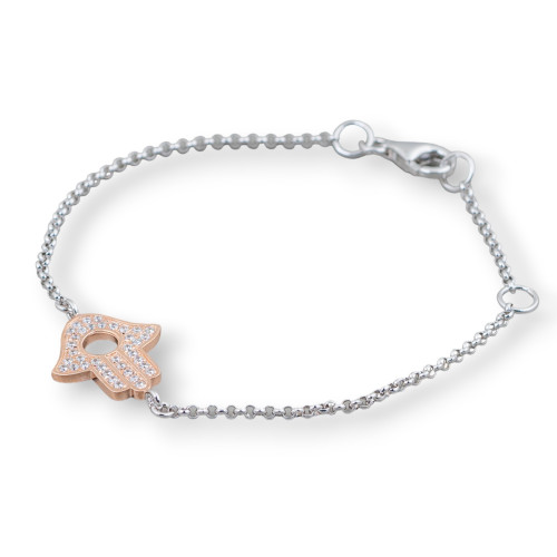 Bracciale Di Argento 925 Design Italy Con Centale Mano Di Fatima Oro Rosa Lunghezza 19cm-16,5cm Rodiato