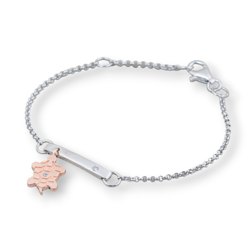 Bracciale Di Argento 925 Design Italy Con Centale Tartaruga Rose Gold Lunghezza 19cm-16,5cm Rodiato