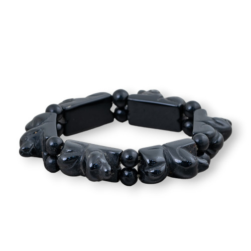Hand Engraved Semiprecious Stone Bracelet Puppy 16x25mm Black Agate