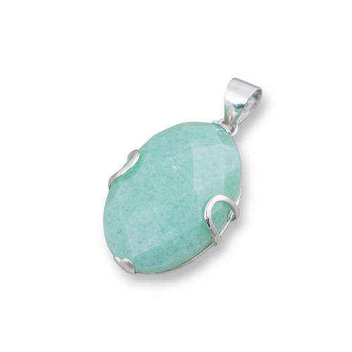 925 Silver and Semiprecious Stones Pendant Flat Oval Faceted 20x30mm - Green Aventurine