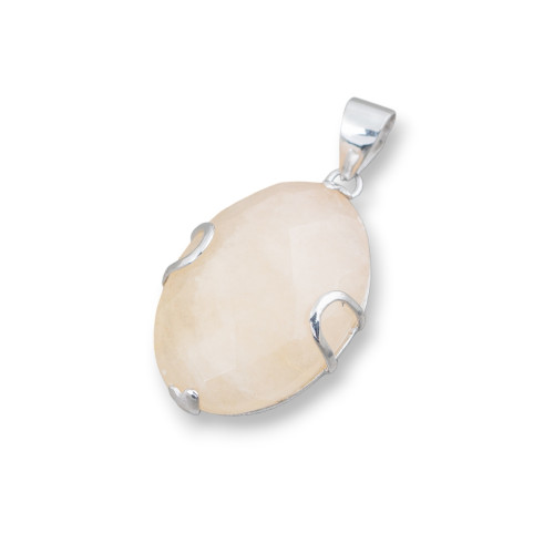 Pendant of 925 Silver and Semi-precious Stones Faceted Flat Oval 20x30mm - Calcite