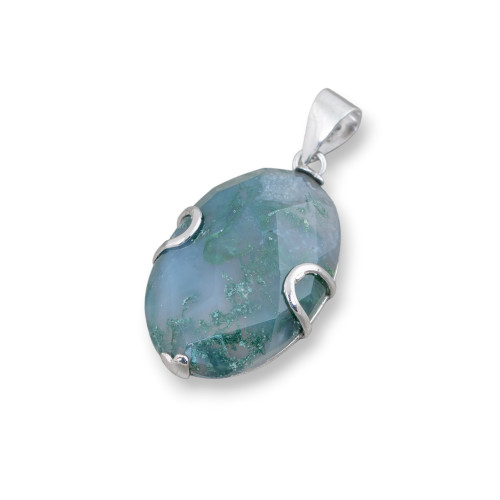 Pendant of 925 Silver and Semiprecious Stones Oval Flat Faceted 20x30mm Moss Agate