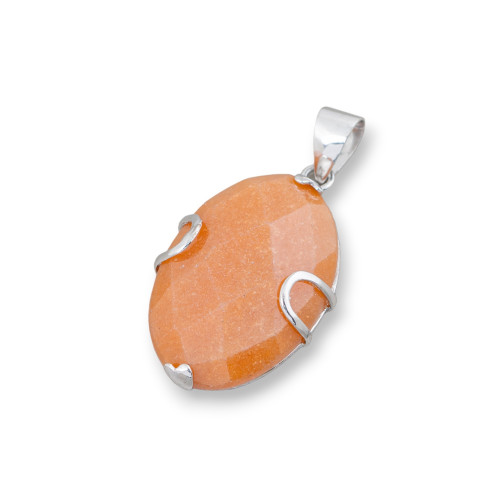 Pendant of 925 Silver and Semiprecious Stones Oval Flat Faceted 20x30mm Red Aventurine (Eosite)