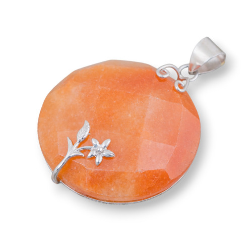 925 Silver and Semiprecious Stones Pendant Round Flat Faceted 40mm Mod2 Red Aventurine (Eosite)