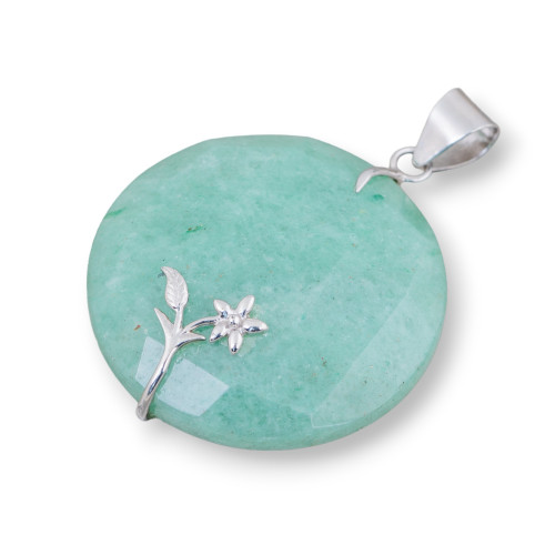 Pendentif Argent 925 et Pierres Semi-précieuses Rond Plat Facetté 40mm Mod2 Aventurine Verte