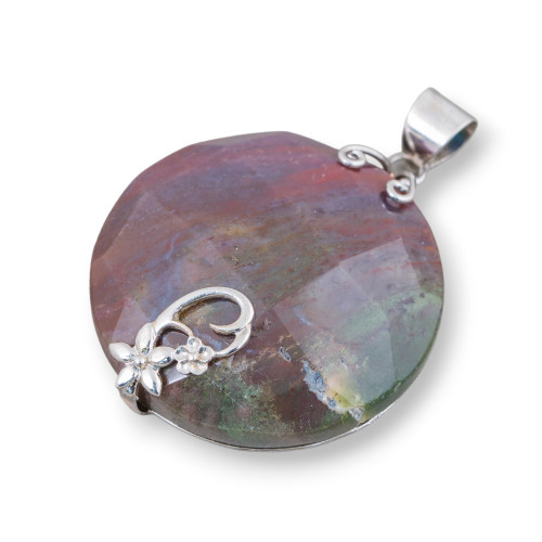 Pendant of 925 Silver and Semiprecious Stones Round Flat Faceted 40mm Mod3 Indian Agate