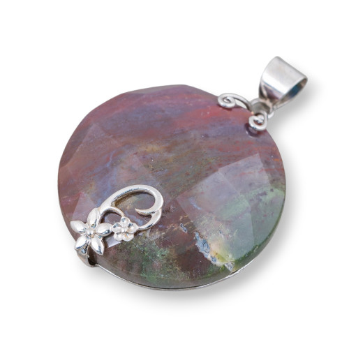 Pendentif en Argent 925 et Pierres Semi-précieuses Rond Plat Facetté 40mm Mod3 Agate Indienne