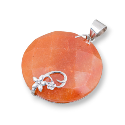 925 Silver and Semiprecious Stones Pendant Round Flat Faceted 40mm Mod3 Red Aventurine (Eosite)