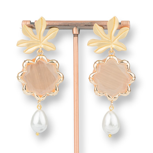 Bronze Stud Earrings with Flower Cat's Eye and Majorcan Pearls 30x68mm Peach