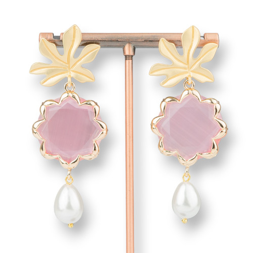 Boucles d'oreilles clous en bronze avec fleur oeil de chat et perles de Majorque 30x68mm rose