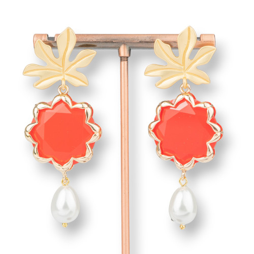 Boucles d'oreilles clous en bronze avec fleur oeil de chat et perles de Majorque 30x68mm rouge