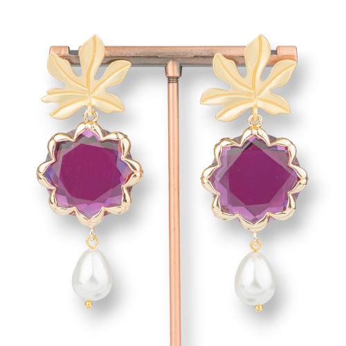 Bronze Stud Earrings with Flower Cat's Eye and Majorcan Pearls 30x68mm Ruby