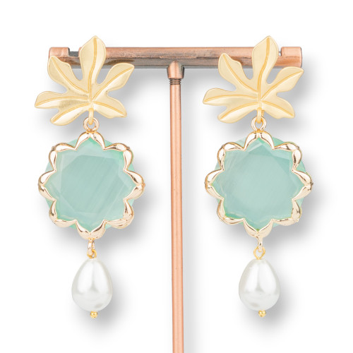 Bronze Stud Earrings with Flower Cat's Eye and Majorcan Pearls 30x68mm Aqua Green