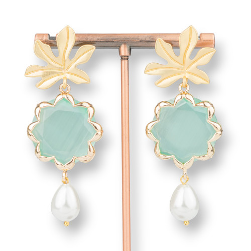 Boucles d'oreilles clous en bronze avec fleur oeil de chat et perles de Majorque 30x68mm vert aqua