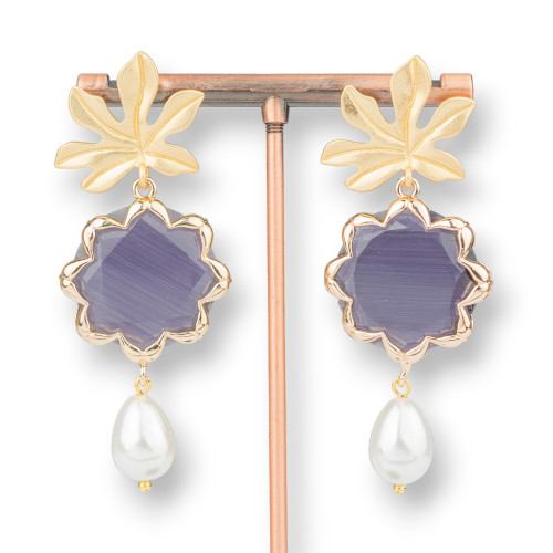 Boucles d'oreilles clous en bronze avec fleur oeil de chat et perles de Majorque 30x68mm violet