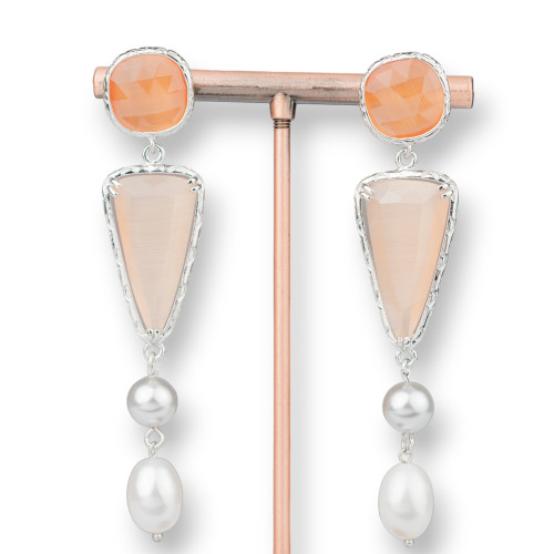 Bronze Cat's Eye Pearl Stud Earrings 15x72mm Peach
