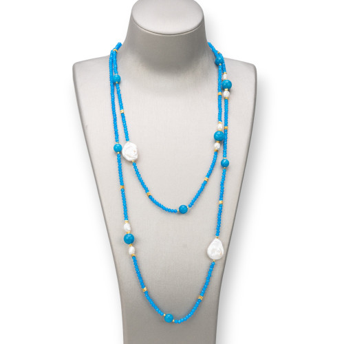 Collana Charlestone Di Pietre Dure 10mm, Perle 7-15mm E Cristalli 3mm 160cm Blu Chiaro