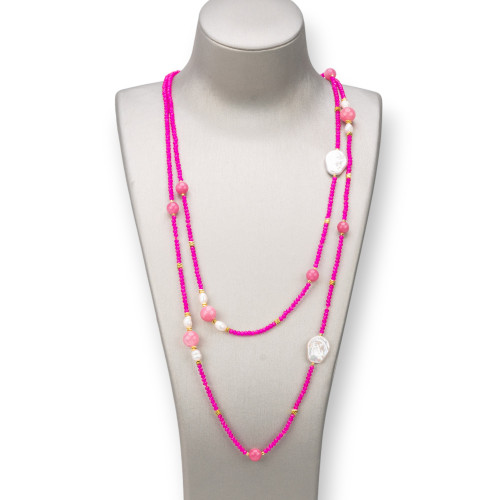 Collana Charlestone Di Pietre Dure 10mm, Perle 7-15mm E Cristalli 3mm 160cm Fucsia