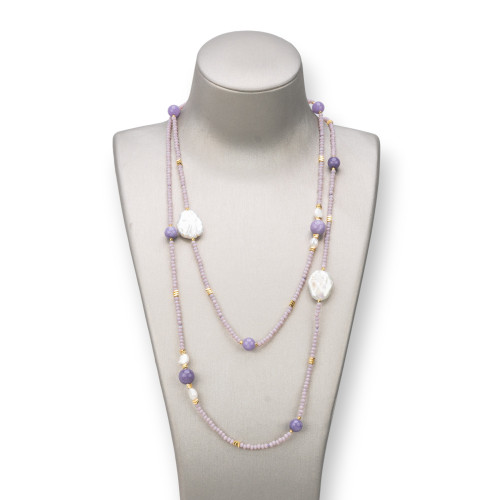 Collana Charlestone Di Pietre Dure 10mm, Perle 7-15mm E Cristalli 3mm 160cm Lavanda