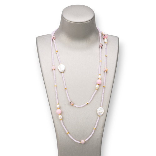 Collana Charlestone Di Pietre Dure 10mm, Perle 7-15mm E Cristalli 3mm 160cm Rosa Maculato