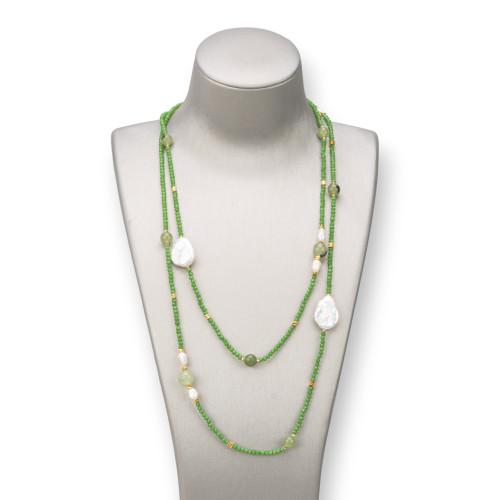 Collana Charlestone Di Pietre Dure 10mm, Perle 7-15mm E Cristalli 3mm 160cm Verde Bosco