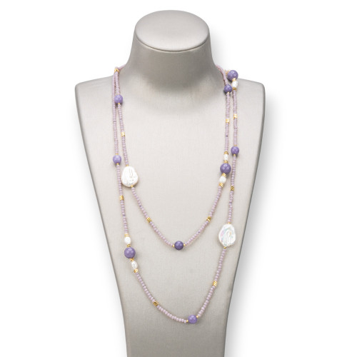 Collana Charlestone Di Pietre Dure 10mm, Perle 7-15mm E Cristalli 3mm 160cm Viola