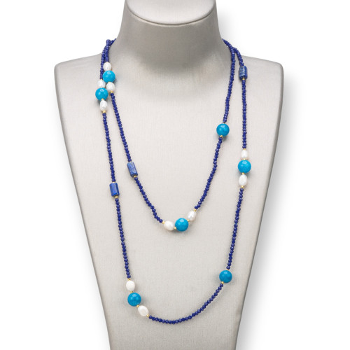 Collana Charlestone Di Pietre Dure 10mm, Perle E Cristalli 3mm 160cm Blu