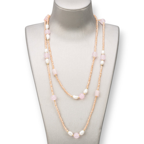 Collana Charlestone Di Pietre Dure 10mm, Perle E Cristalli 3mm 160cm Quarzo Rosa