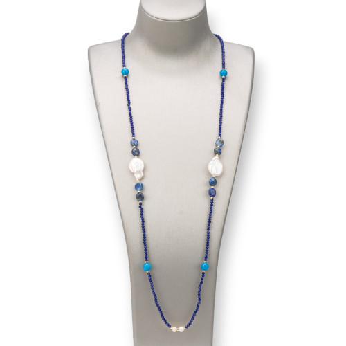 Collana Charlestone Di Pietre Dure 8mm, Perle E Cristalli 160cm Blu