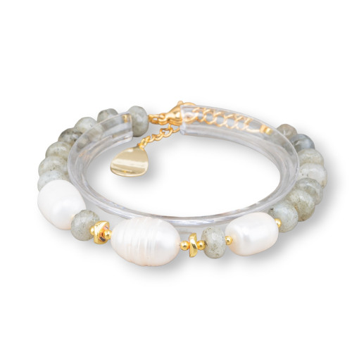 Bracelet de pierres semi-précieuses et perles d'eau douce avec fermoir en laiton labradorite