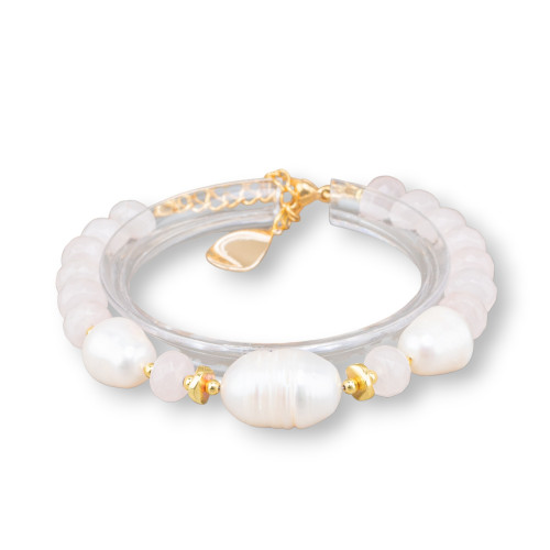 Bracelet of semi-precious stones and freshwater pearls with rose quartz brass clasp