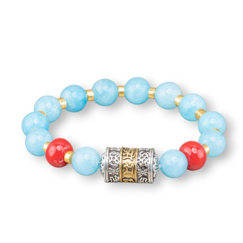 Bracelet élastique avec pierres semi-précieuses de 10 mm et hématite avec bronze de jade bleu central