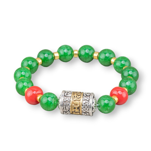Bracelet élastique avec pierres semi-précieuses de 10 mm et hématite avec centrale en bronze de jade vert