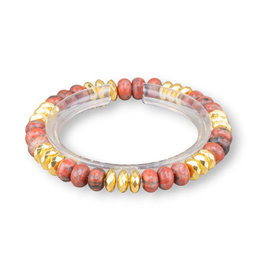 Bracelet Élastique 8mm Pierre Dure Rondelle Et Hématite Dorée Rhodochrosite Jade