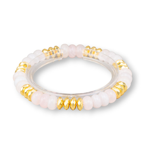 Bracelet Élastique 8mm Pierre Dure Rondelle Et Hématite Dorée Quartz Rose