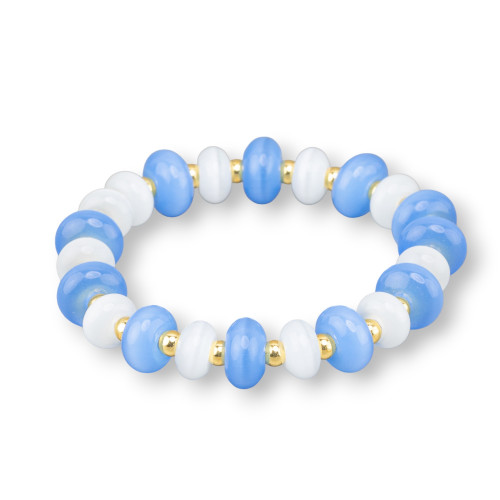 Bracelets extensibles oeil de chat et hématite bleu blanc doré 12 mm