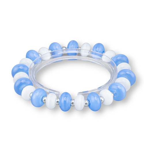 Bracciali Elasticizzato Di Occhio Di Gatto 12mm E Ematite Blu Bianco Rodio