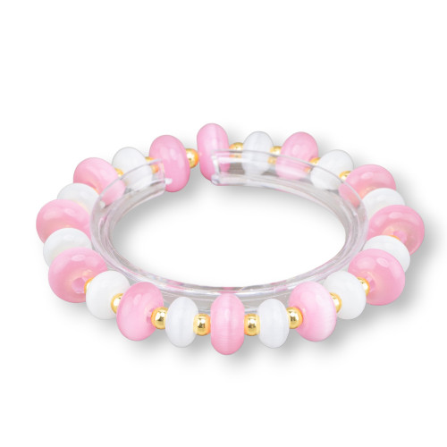 12mm Cat's Eye and Hematite Pink White Golden Stretch Bracelets