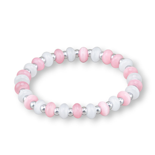 8mm Cat's Eye and Rhodium-Plated Hematite Stretch Bracelets Pink White