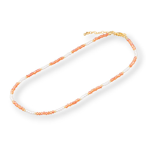 Modische Halskette mit Kristallen und Messingverschluss, 40 cm, 6 cm, 2 Stück, Orange