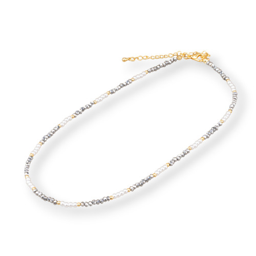 Modische Halskette mit Kristallen und Messingverschluss, 40 cm, 6 cm, 2 Stück, Silber