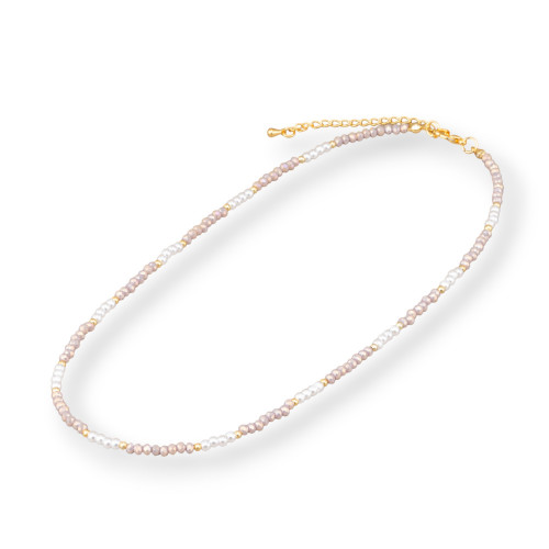 Modische Halskette mit Kristallen und Messingverschluss, 40 cm, 6 cm, 2 Stück, Beige