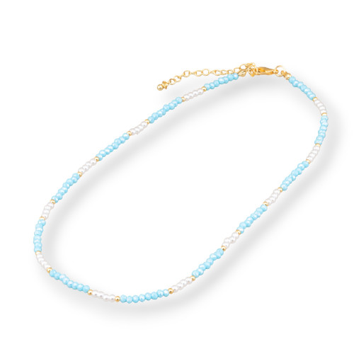 Modische Halskette mit Kristallen und Messingverschluss, 40 cm, 6 cm, 2 Stück, Hellblau