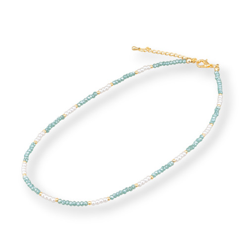 Modische Halskette mit Kristallen und Messingverschluss, 40 cm, 6 cm, 2 Stück, Türkis