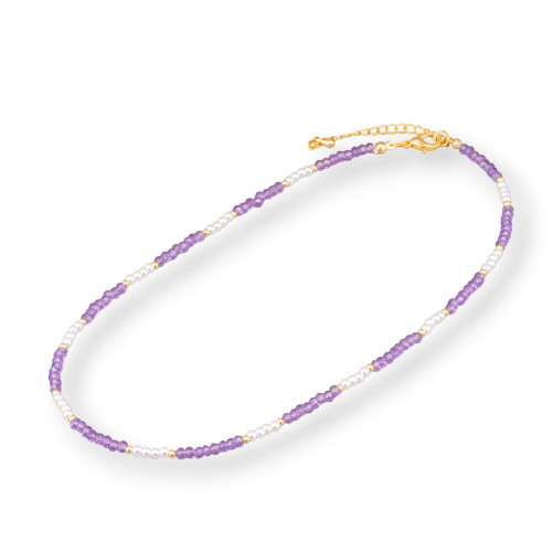 Modische Halskette mit Kristallen und Messingverschluss, 40 cm, 6 cm, 2 Stück, Lila