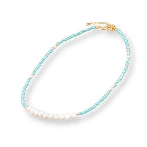 Gargantilla de moda con cristales y perlas de río 40 cm 6 cm Cierre de latón 2 piezas Aqua